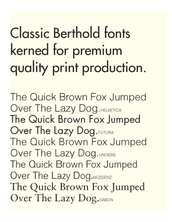 <h3>Berthold font library</h3><p>Typogram started as a typographer with the Berthold Fototype system and
	      its legendary quality fonts. We have been kerning and refining our Berthold font library since PostScript was
	      first commercially distributed n the early 1990s.</p> 