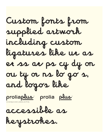 <h3>Custom fonts</h3><p>Our custom fonts can contain kerning pairs, additional special characters
	      including multi-piece logos, pi-font characters, and trademarks. </p> 