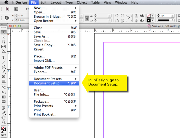 <h4>1</h4><h3>Open InDesign and from the File menu select 'Document Setup'</h4>