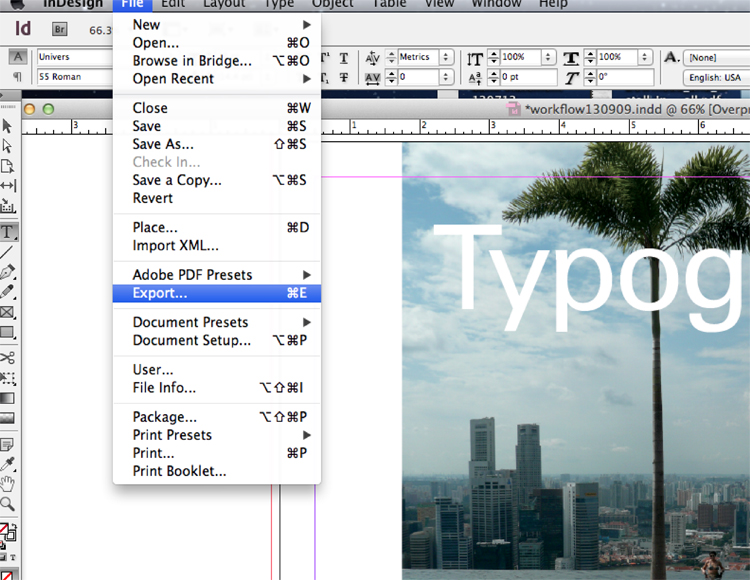 <h4>1</h4><h3>Open InDesign. From the 'File' menu, select 'Export'.</h4>