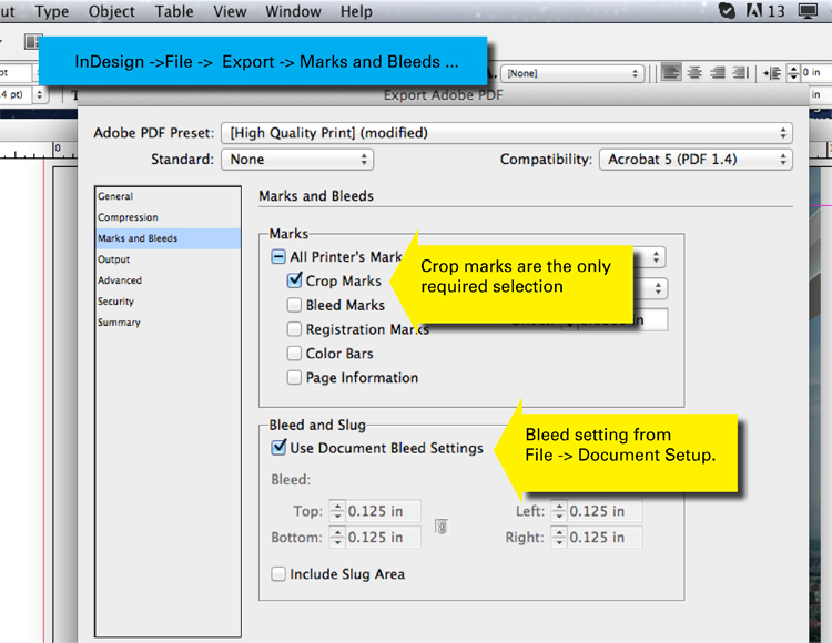 <h4>5</h4><h3>Check 'Marks and Bleed' settings. Make sure to check 'Use Document Bleed

       Settings' (from InDesign->File->Page Setup)</h4>