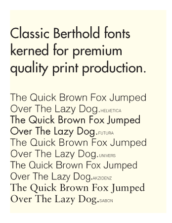 <h3>Berthold font library</h3><p>Typogram started as a typographer with the Berthold Fototype system and

	      its legendary quality fonts. We have been kerning and refining our Berthold font library since PostScript was

	      first commercially distributed n the early 1990s.</p> 