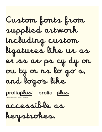 <h3>Custom fonts</h3><p>Our custom fonts can contain kerning pairs, additional special characters

	      including multi-piece logos, pi-font characters, and trademarks. </p> 